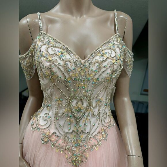 Gorgeous Blush Pink Princess Style Embellished Off-shoulder Tulle Ballgown - Picture 4 of 17